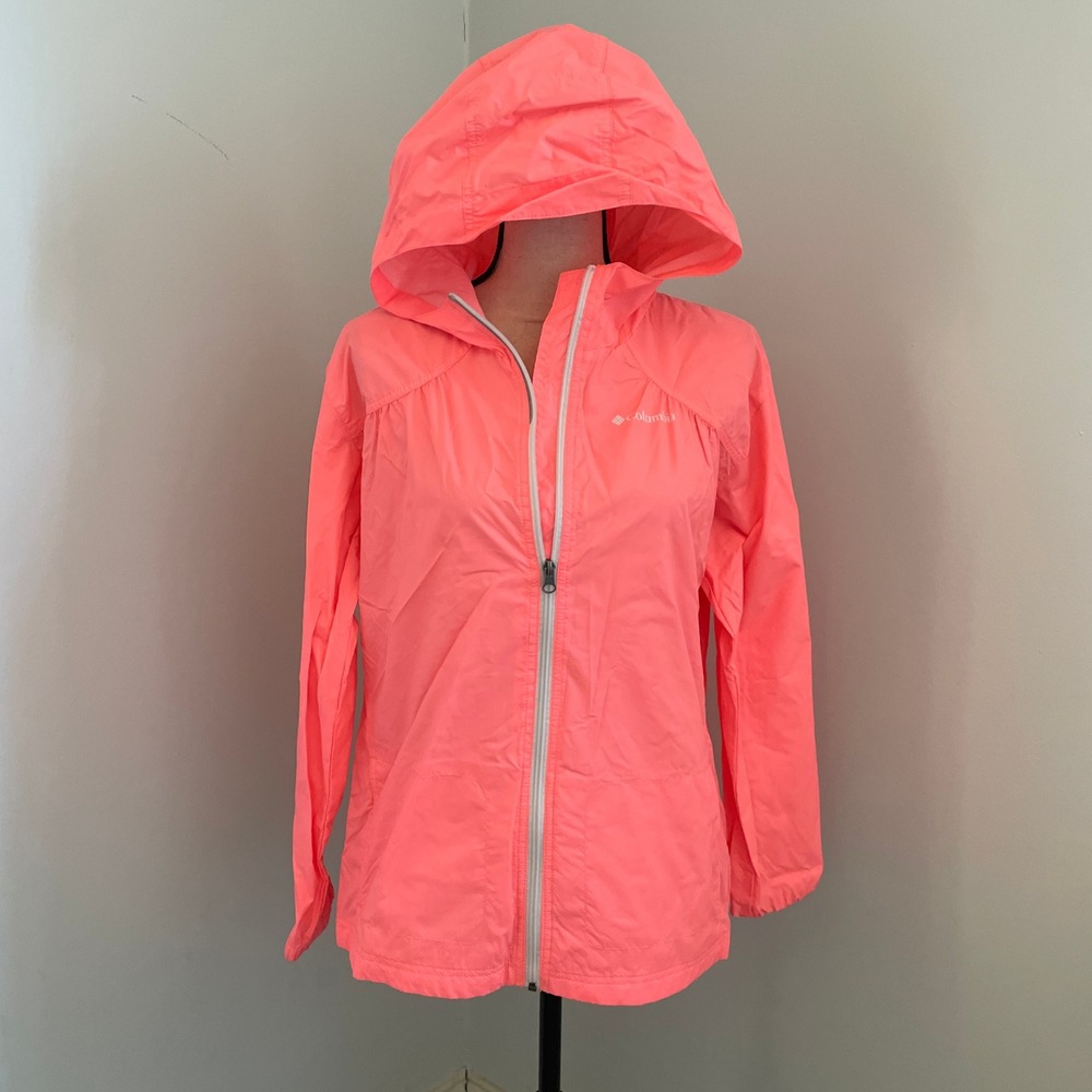 Columbia Hooded Lightweight Rain Jacket size XL Neon Pink Windbreaker Shell Y2K - Picture 12 of 12